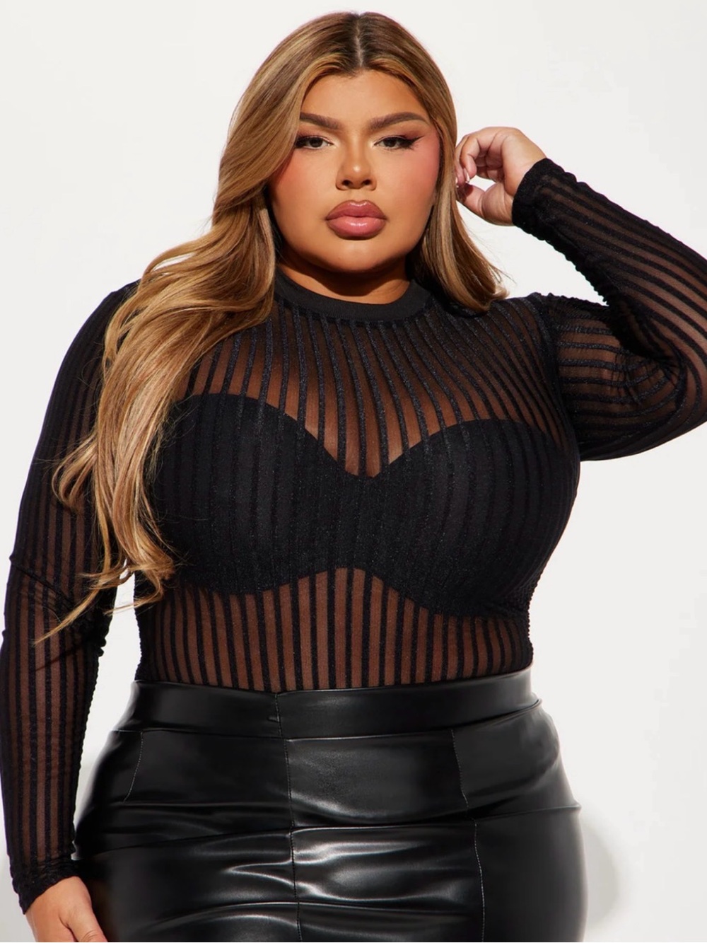 Fashion Nova Black Sheer Vertical-Stripe Long Sleeve Top